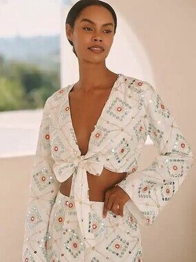 Blithe Embellished Mirror Geometric Tie-Front Crop Top Women's Size XS White